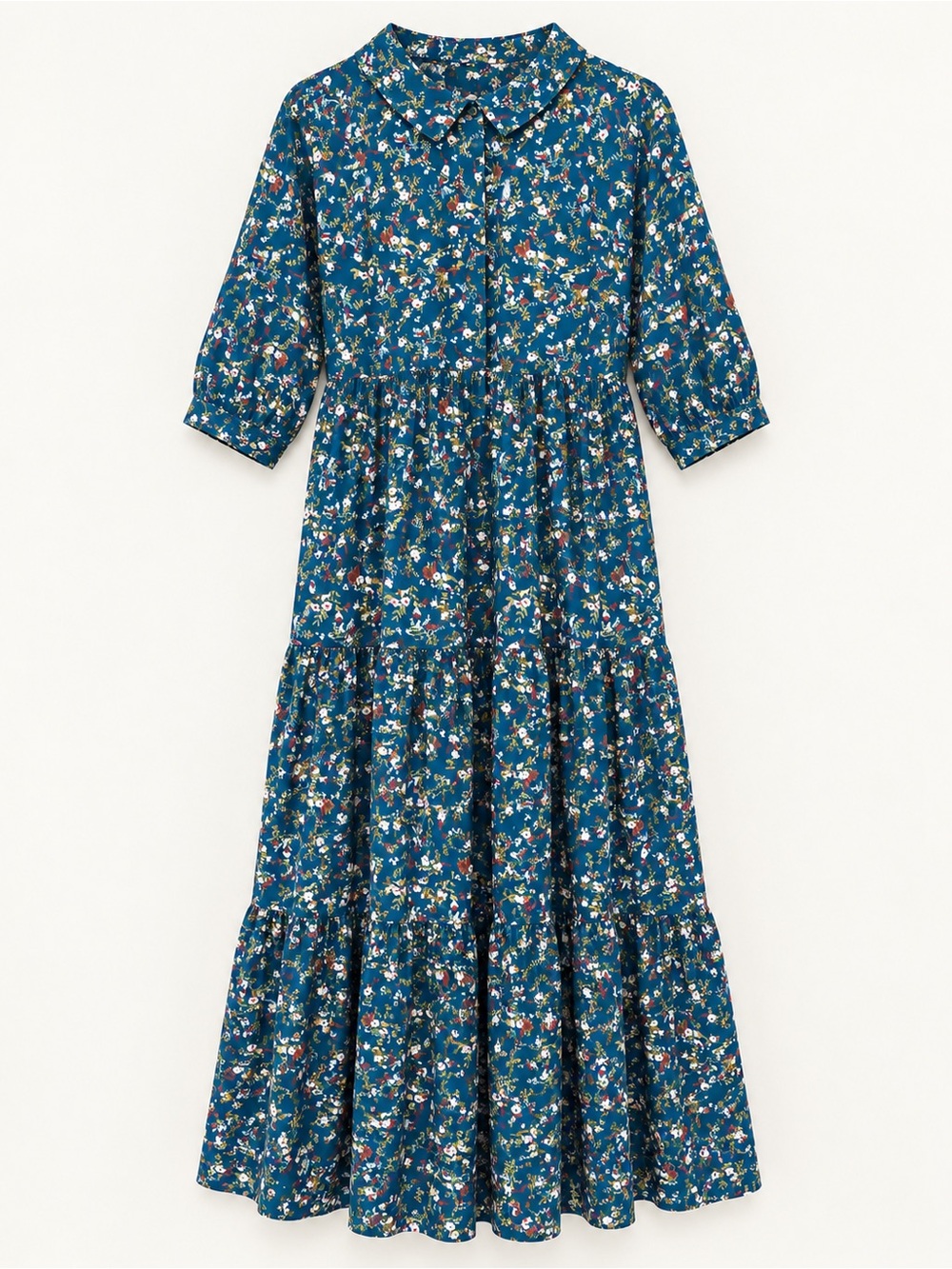 Women's Teal Floral Tiered Shirt Dress